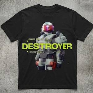 May include: Black t-shirt featuring a futuristic robot design. The word "DESTROYER" is printed in large, neon green letters across the chest. The robot is depicted in shades of gray, white, and red, with a helmet and armor.