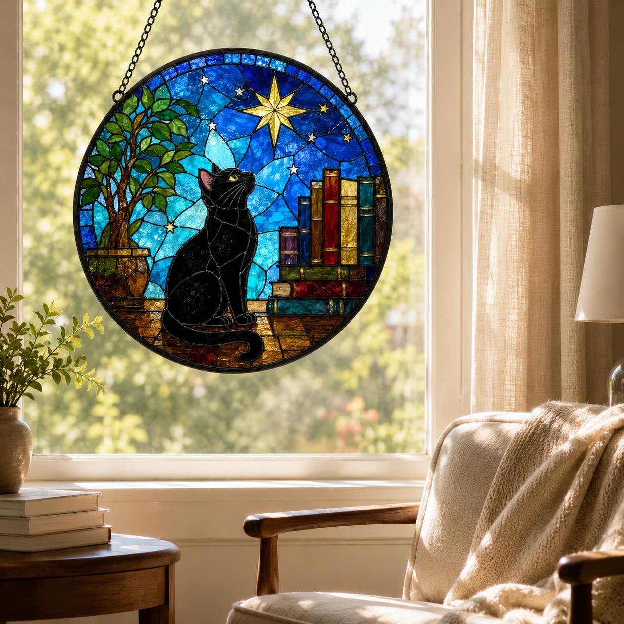 Black Cat Book Stained Glass Suncatcher, Cat Lover Window Hanging ...