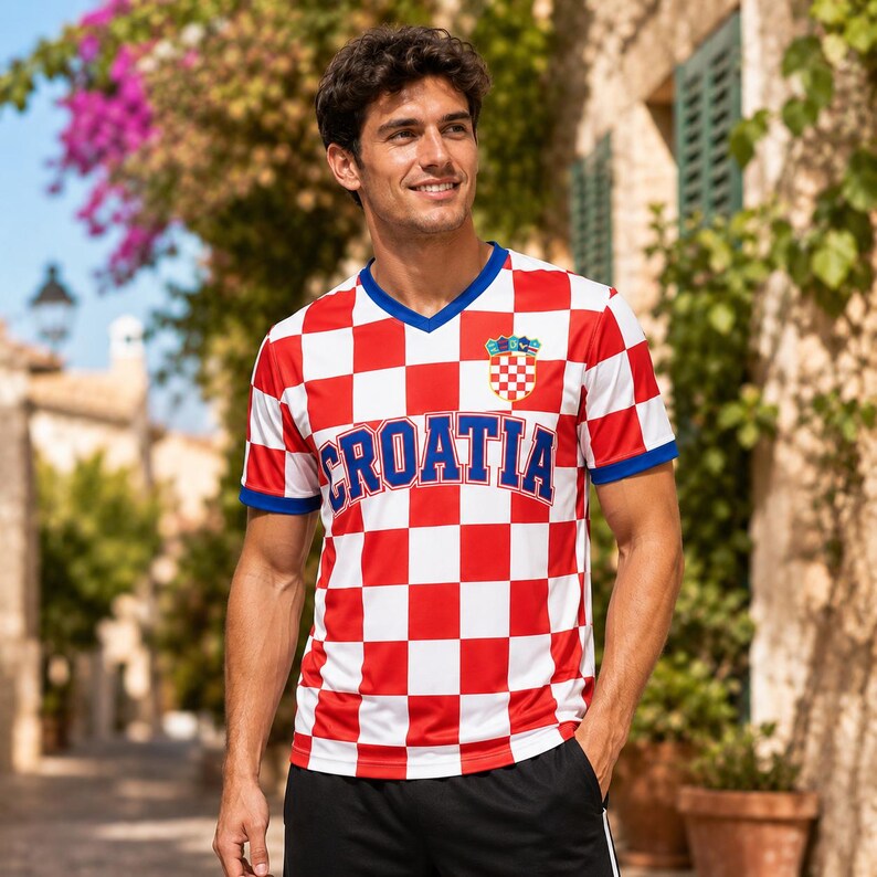 Pode incluir: Uma t-shirt de manga curta com decote em V, apresentando um padr&atilde;o de xadrez vermelho e branco em toda a pe&ccedil;a. A palavra CROATIA est&aacute; impressa em letras azuis grandes no peito, com um pequeno emblema do bras&atilde;o croata acima do texto.