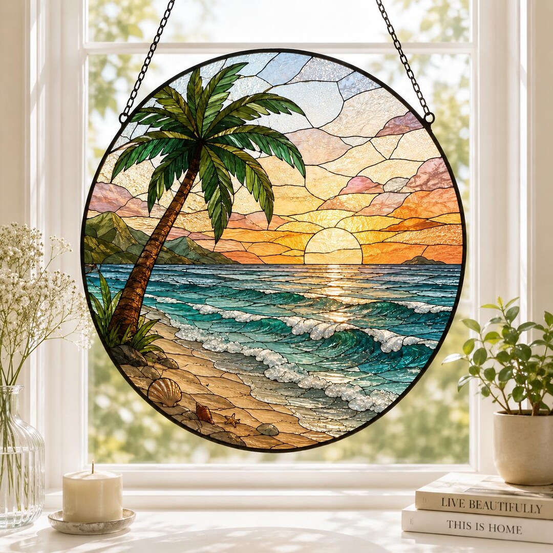 Tropical Beach Stained Glass Suncatcher, Ocean Sunset Window Hanging ...