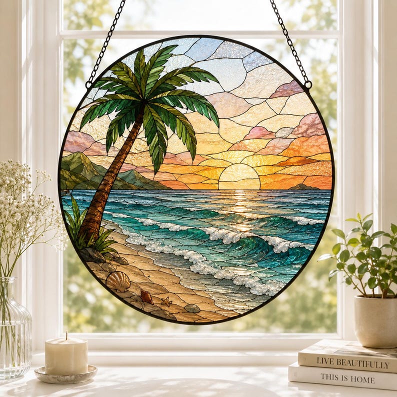 Tropical Beach Stained Glass Suncatcher, Ocean Sunset Window Hanging ...