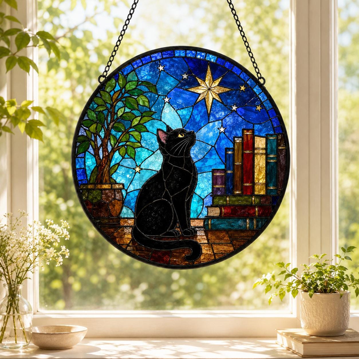 Black Cat Book Stained Glass Suncatcher, Cat Lover Window Hanging ...