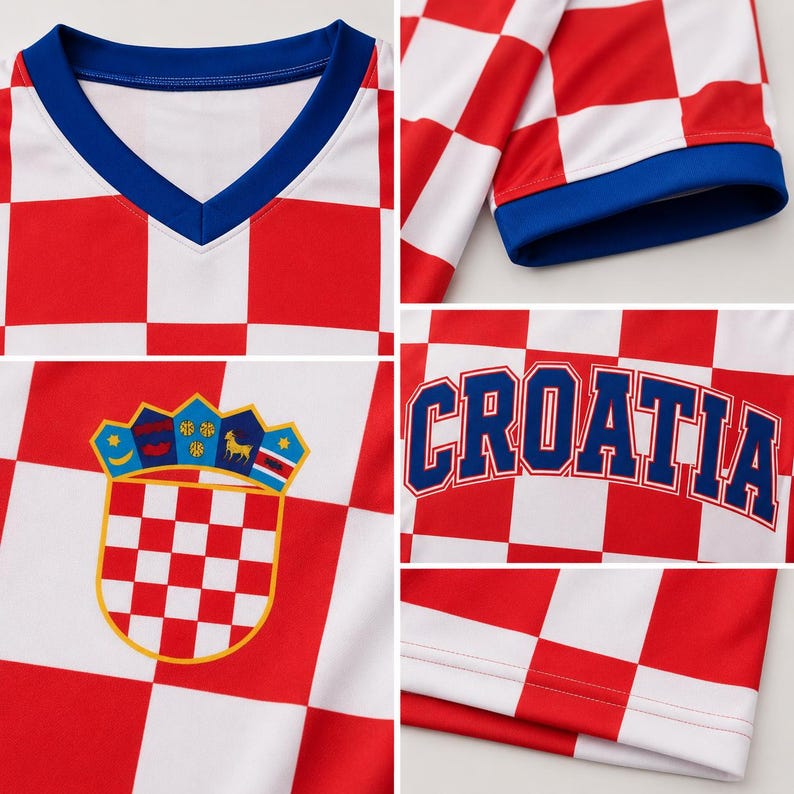 Pode incluir: Uma camisola de manga curta com um padr&atilde;o de xadrez vermelho e branco, gola em V azul e punhos azuis. A pe&ccedil;a apresenta a palavra CROATIA em letras azuis e um bras&atilde;o colorido com um escudo de xadrez vermelho e branco.