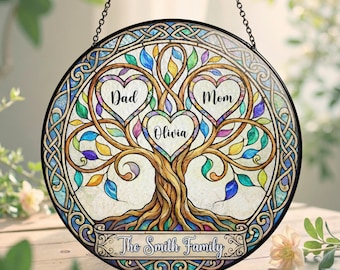 Vitral personalizado Árvore da Vida para pendurar na janela, decoração com nome da família, presente para quem nasceu com flor.