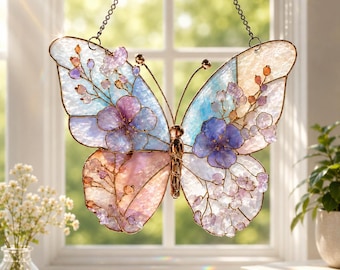 Vitral Borboleta para Janela, Decoração Floral com Borboletas, Borboletas em Tons Pastel, Presente para Mães com Tema de Jardim, Presente para Amantes da Natureza
