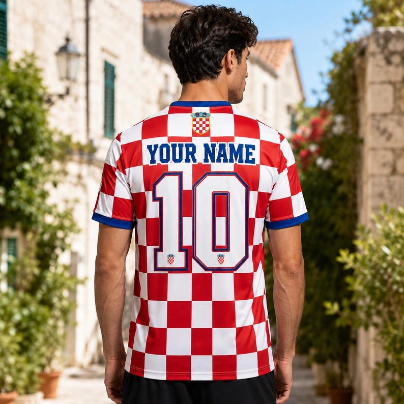 Pode incluir: Uma camisola desportiva de manga curta com um padr&atilde;o de xadrez vermelho e branco. As costas exibem o texto YOUR NAME em letras azuis acima do grande n&uacute;mero 10 branco, que inclui um pequeno emblema do bras&atilde;o croata no topo.