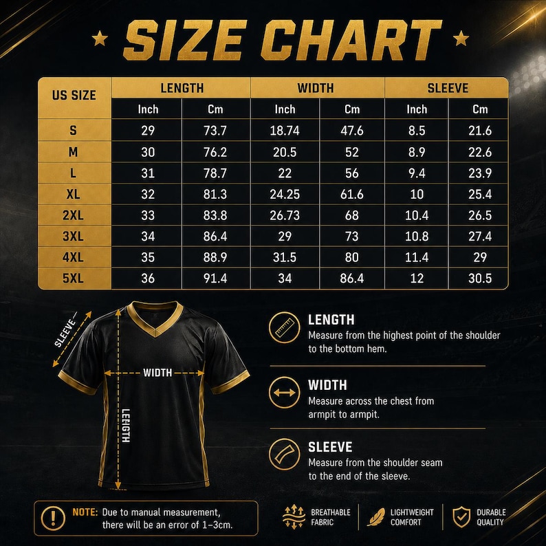 Pode incluir: Uma tabela de tamanhos para uma camisa preta com decote em V e detalhes dourados. A tabela lista tamanhos dos EUA de S a 5XL com medidas de comprimento, largura e manga em polegadas e cent&iacute;metros. Um diagrama mostra como medir, com erro de 1-3cm.