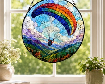 Attrape-soleil en vitrail pour parapente, tenture de fenêtre aventure, cadeau déco montagne ciel arc-en-ciel