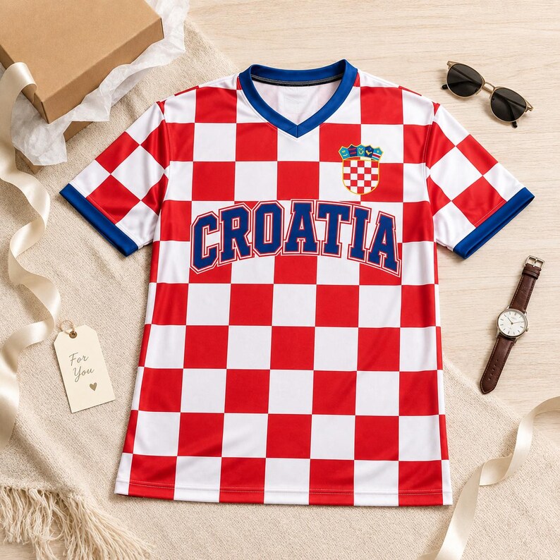 Pode incluir: Uma camisola de manga curta com decote em V apresentando um padr&atilde;o de xadrez vermelho e branco. A palavra CROATIA est&aacute; impressa em azul no peito, com o emblema do bras&atilde;o da Cro&aacute;cia posicionado acima do texto no lado superior esquerdo.