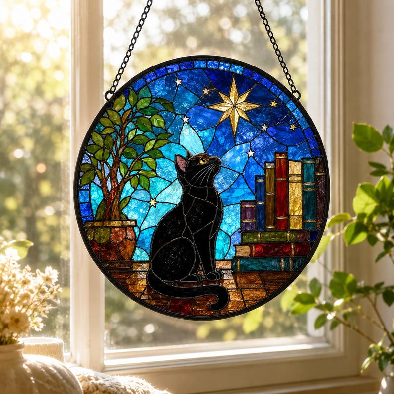 Black Cat Book Stained Glass Suncatcher, Cat Lover Window Hanging ...