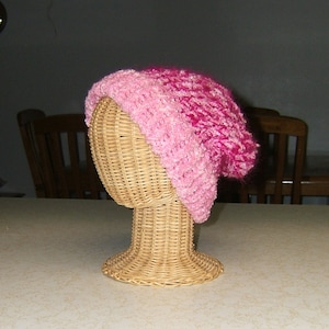 Pink knit hat stocking cap upcycled yarn strawberry baby boucle raspberry wool mohair acrylic nylon fibers adult size large ready to ship
