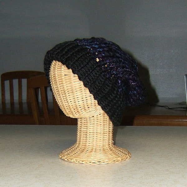 Ready to ship knit hat upcycled yarn recycled fibers wool acrylic chunky thick thin black blue purple folded brim super soft warm adult L