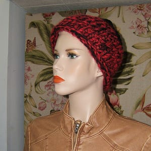 Mohair knit hat stocking cap curled brim red black handmade thick chunky upcycled recycled yarn funky hippie boho hiker size L ready to ship