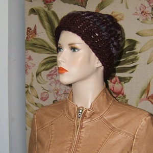 Wine knit hat stocking cap striped burgundy w gray stripe acrylic wool funky boho hippie folk art thick curled brim size L ready to ship