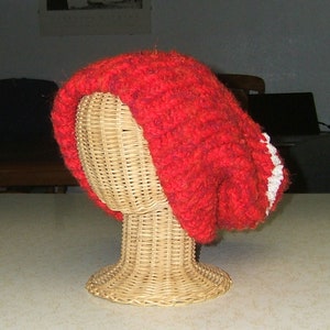 Red Knit Slouchy Hat: Upcycled Yarn, Folded Brim (XL, 13&quot; Deep)
