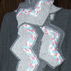 Scarf chevron zig zag pattern crocheted wool recycled yarn hand made hand crafted gray blue white red ripple pattern ready to ship