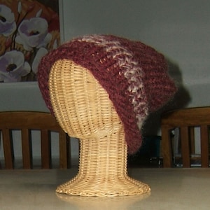 Mohair knit hat stocking cap toque curled brim white stripe soft warm handmade upcycled recycled thrifted handcrafted adult L ready to ship