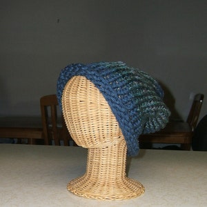 Gray blue knit hat cap funky wool acrylic curled brim upcyed recycled yarn handmade by me thick chunky funky boho adult L ready to ship