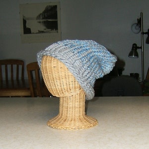 Gray knit hat upcycled recycled yarn handcrafted acrylic fibers curled brim boho hippie size L ready to ship