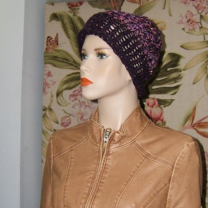 Knitted cap eggplant mauve aubergine dk purple upcycled yarn curled brim folk art boho rustic slouch adult size med/lg 8&quot; deep ready to ship
