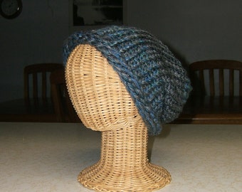 Hand Knit Chunky Beanie: Gray Blue Boho Curled Brim Hat (Adult L)
