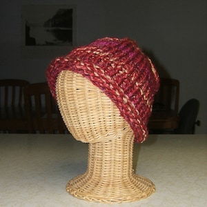 Striped stocking cap hat knit knitted red yellow wool roving curled brim umber handmade hippie boho folk art adult size M/L ready to ship