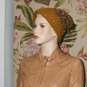 Gold stripe stocking cap curled brim upcycled recycled nylon acrylic polyester viscose hiking dog walking knit size L 9&quot; deep ready to ship