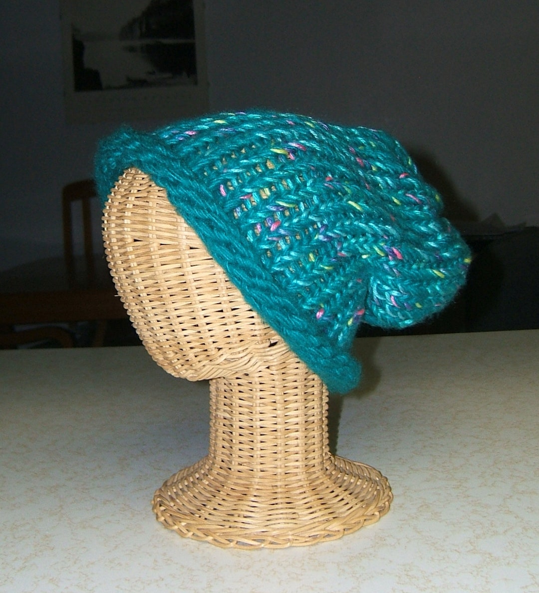Emerald Green Knit Hat Curled Brim Recycled Yarn Adult Size Etsy