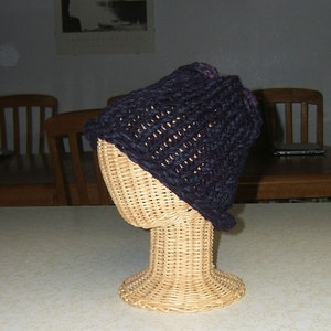 Knit wool hat stocking cap curled brim navy indigo purple hand crafted rustic hippie boho primitive folk art size M/L 7&quot; deep ready to ship
