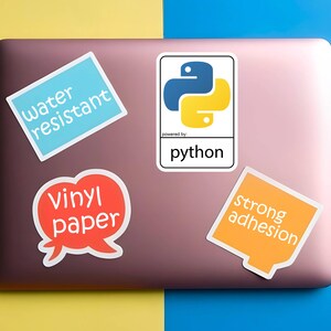 May include: A laptop with four stickers. One sticker has the Python logo and the word "python". Other stickers say "water resistant", "vinyl paper", and "strong adhesion". The laptop is on a yellow and blue background.