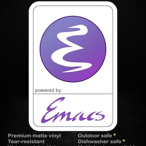 May include: A white sticker with a purple and white design, the text "stick me! somewhere cool..." is at the top. The sticker has the text "powered by: Emacs" and additional text about the sticker's features.
