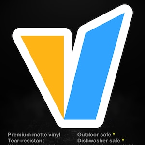 May include: A V-shaped sticker featuring a yellow left side and a blue right side with a white border. Text reads: stick me! somewhere cool... Premium matte vinyl, Tear-resistant, Water-resistant ink, Outdoor safe, Dishwasher safe, Multiple sizes available.