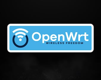 May include: A rectangular sticker with a blue background and white border. The sticker features the text "OpenWrt WIRELESS FREEDOM" and a Wi-Fi symbol. Additional text includes "stick me! somewhere cool..." and details about the sticker's features.