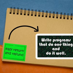Pu&ograve; includere: Un taccuino a spirale con una penna, un adesivo verde con la scritta "easy return and refund" e un adesivo bianco con il testo "Write programs that do one thing and do it well."