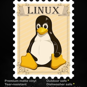 May include: A sticker featuring Tux, the Linux penguin, in a postage stamp design. The stamp has the word "LINUX" at the top, with "EST. 1991" below. The text "stick me! somewhere cool..." is at the top. The sticker is made of premium matte vinyl and is tear-resistant.