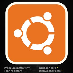 May include: Orange sticker with a white Ubuntu logo, text reads "stick me! somewhere cool...". Features include premium matte vinyl, tear-resistant, and water-resistant ink. It is outdoor and dishwasher safe, available in multiple sizes.