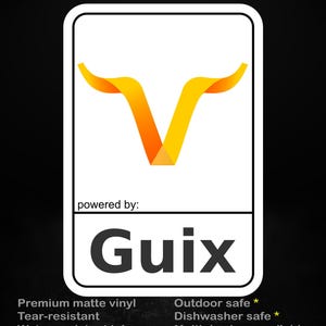 Op de afbeelding: Witte sticker met een geel en oranje V-vormig logo en de tekst "Guix". De sticker bevat ook de tekst "stick me! somewhere cool..." en details over de kenmerken van de sticker, zoals scheurvast en vaatwasserbestendig.