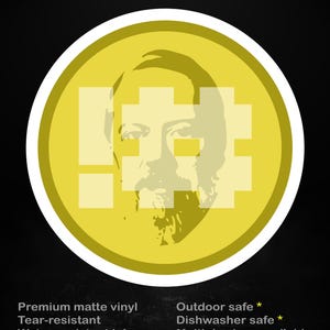 Könnte beinhalten: Ein gelber Aufkleber mit weißem Rand und einem pixeligen Gesichtsdesign. Der Text "stick me! somewhere cool..." steht oben. Zusätzlicher Text enthält "Premium matte vinyl", "Tear-resistant", "Water-resistant ink", "Outdoor safe", "Dishwasher safe" und "Multiple sizes available".