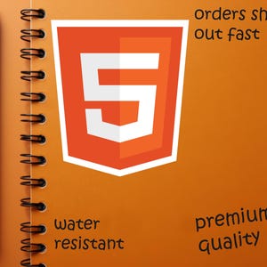 May include: An orange spiral-bound notebook with a black pen on the left side. The notebook features a large orange and white "5" logo and the words "orders ship out fast", "water resistant", and "premium quality".