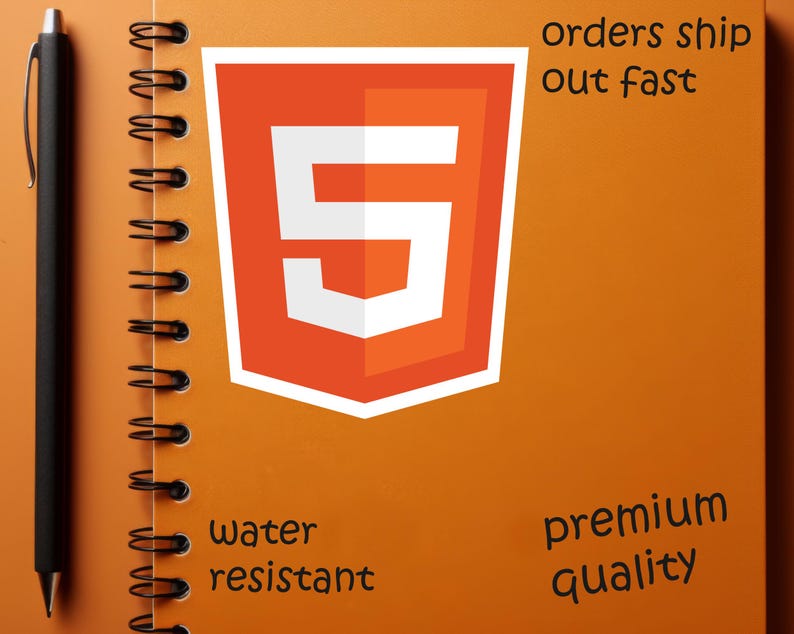 May include: An orange spiral-bound notebook with a black pen on the left side. The notebook features a large orange and white "5" logo and the words "orders ship out fast", "water resistant", and "premium quality".