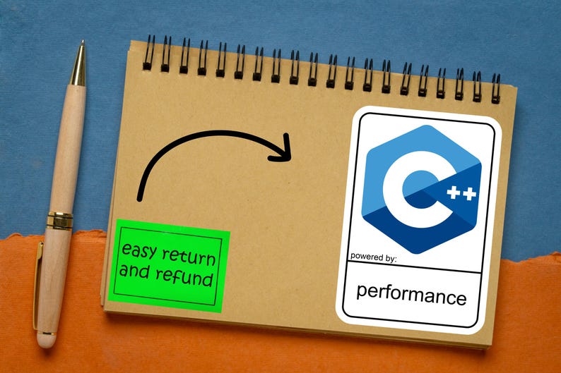 May include: A spiral-bound notepad with a pen, a green sticker with the text "easy return and refund", and a sticker with a blue and white logo and the word "performance". A black arrow is drawn on the notepad.
