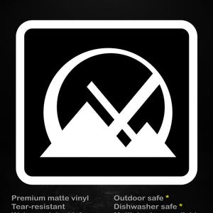 May include: A black and white sticker with the text "stick me! somewhere cool...". The sticker features a white graphic of a mountain range inside a white square. The sticker is made of premium matte vinyl and is tear-resistant.