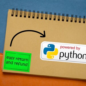 May include: A spiral-bound notepad with a pen, a green sticker that says "easy return and refund", and a sticker that says "powered by python". The background is blue and orange.