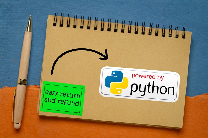 May include: A spiral-bound notepad with a pen, a green sticker that says "easy return and refund", and a sticker that says "powered by python". The background is blue and orange.