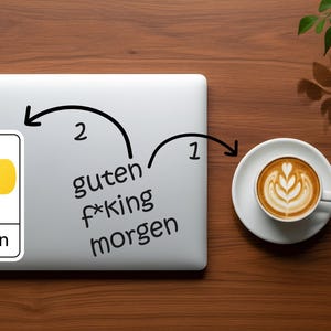 May include: A laptop with a Python sticker and the words "guten f*king morgen" is next to a cup of coffee with latte art. The image is on a wooden surface with a plant in the background.