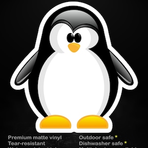 Könnte beinhalten: Ein Aufkleber mit einem Cartoon-Pinguin mit einem schwarz-weißen Körper, orangefarbenen Füßen und einem gelben Schnabel. Der Text "stick me! somewhere cool..." steht oben. Der Aufkleber ist aus hochwertigem, mattem Vinyl, reißfest und wasserfest.