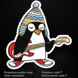 Könnte beinhalten: Ein Aufkleber mit einem Cartoon-Pinguin, der eine blau-beige-weiße Strickmütze trägt und eine rote Gitarre spielt. Der Pinguin trägt rote Turnschuhe. Der Text oben lautet "stick me! somewhere cool..."