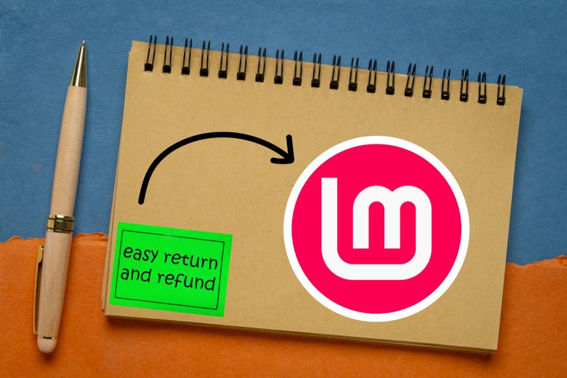 May include: A wooden pen with gold accents rests beside a spiral-bound notepad. The notepad features a pink and white logo and a green sticker with the text "easy return and refund". A black arrow points to the logo.