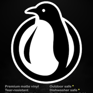 May include: A black and white penguin sticker with the text "stick me! somewhere cool...". The penguin is inside a white circle. The sticker is made of premium matte vinyl, tear-resistant, and water-resistant ink.