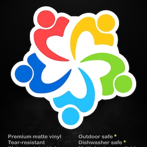May include: A vibrant sticker with a white outline, showcasing a design of linked shapes in red, yellow, green, blue, and light blue. The text "stick me! somewhere cool..." is at the top. The sticker is tear-resistant, water-resistant, and suitable for outdoor and dishwasher use.